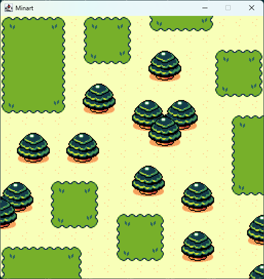 A 2D map with grass patches and groups of trees