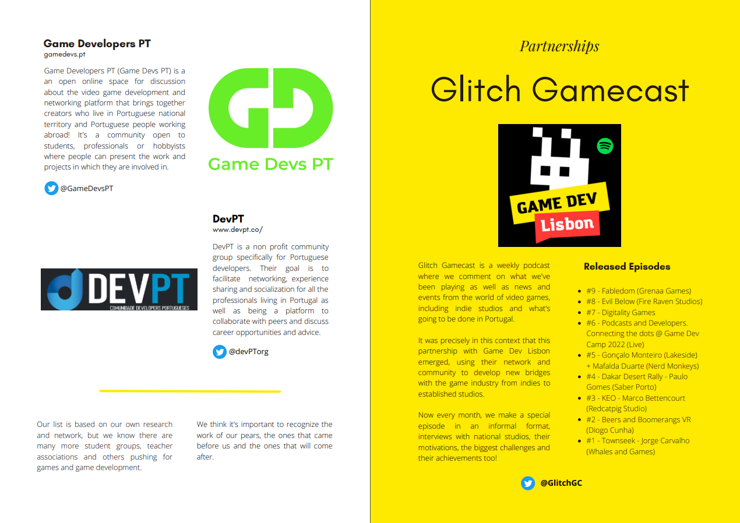 Some of the last pages from Game Dev Lisbon's spotlight magazine. The page on the left highlights some of the communities and organisations that exist in our local industry.

The page on the right highlights their Glitch Gamecast Partnership, and list the podcast's episodes that haver interviewed several game developers from across various studios in the country.