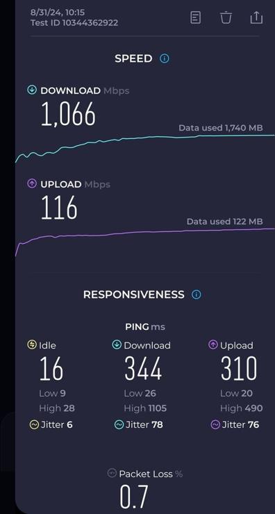 SpeedTest result showing 1066 Mbps download, 116 Mbps upload.