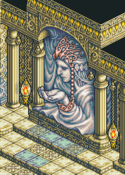 A pixel art enviornement of a statue of some kind of person with an outstrected hand in a temple.