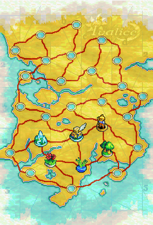 A map of the place called Ivalice, with marked roads between areas. Areas discovered have an icon representing the type of area it is like mountains, plains, and forests.