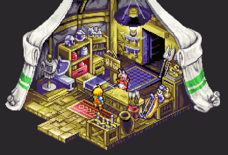 A tent shop with a busy interior. The main charactet Marche is conversing with the viera (bunny people) shop keep.