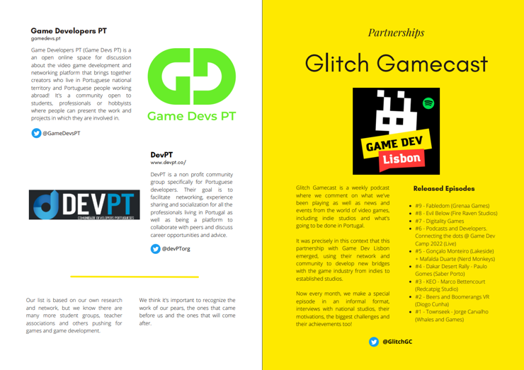 Some of the last pages from Game Dev Lisbon's spotlight magazine. The page on the left highlights some of the communities and organisations that exist in our local industry.

The page on the right highlights their Glitch Gamecast Partnership, and list the podcast's episodes that haver interviewed several game developers from across various studios in the country.