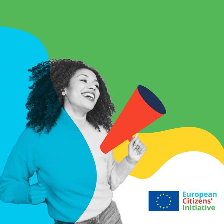 A black-and-white photograph of a woman with curly hair, positioned against a colorful background of blue, green, and yellow abstract shapes. She is holding a bright red megaphone. In the bottom right corner is the logo for the European Citizens’ Initiative, which includes the European Union flag.